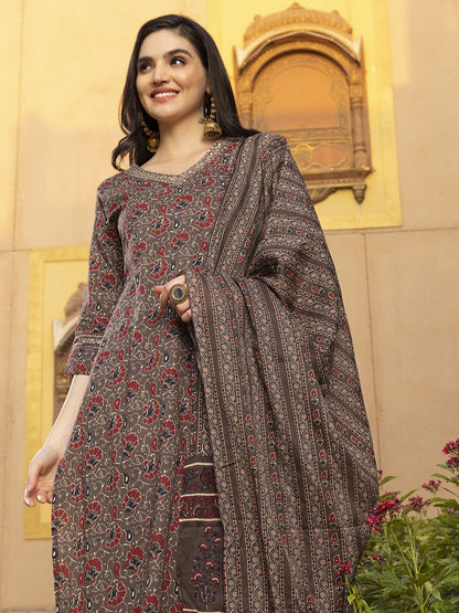 Dhiyona IS Women's Kalamkari Printed Zari embroidered Cotton Kurta with Trouser & Cotton Dupatta