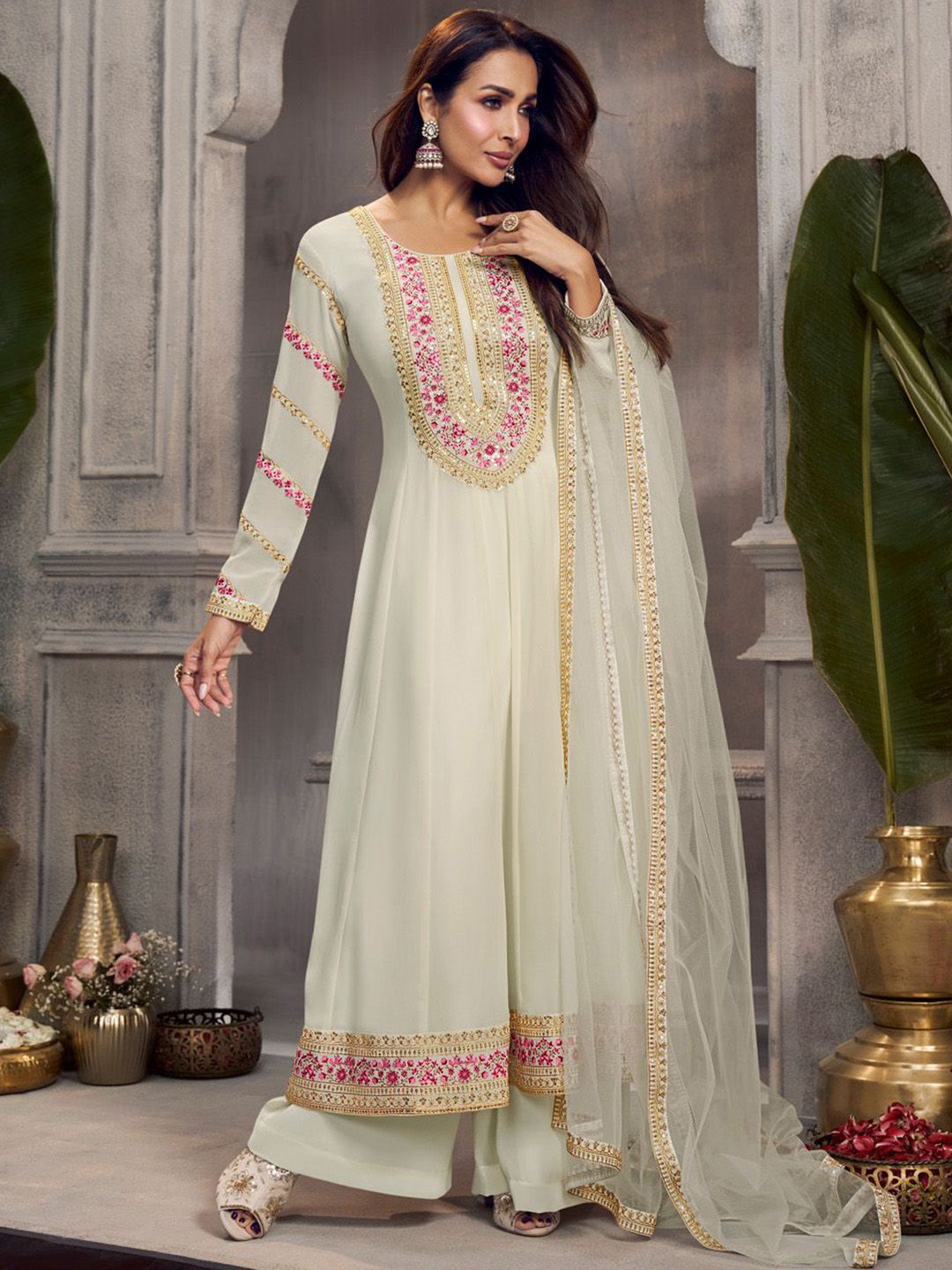 Dhiyona IN Women Floral Embroidered Anarkali Kurta with Palazzo & Dupatta