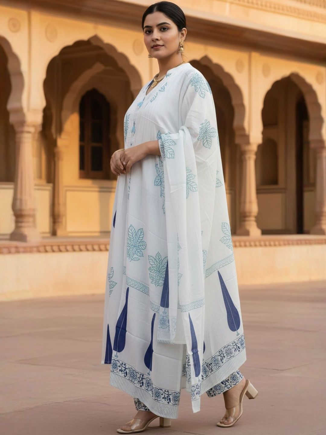 Dhiyona IE Women Printed Regular Thread Work Pure Cotton Kurta with Trousers & Dupatta