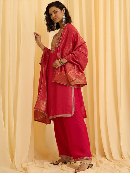 Dhiyona CH Floral Yoke Design Sequinned Straight Kurta With Palazzos & Dupatta