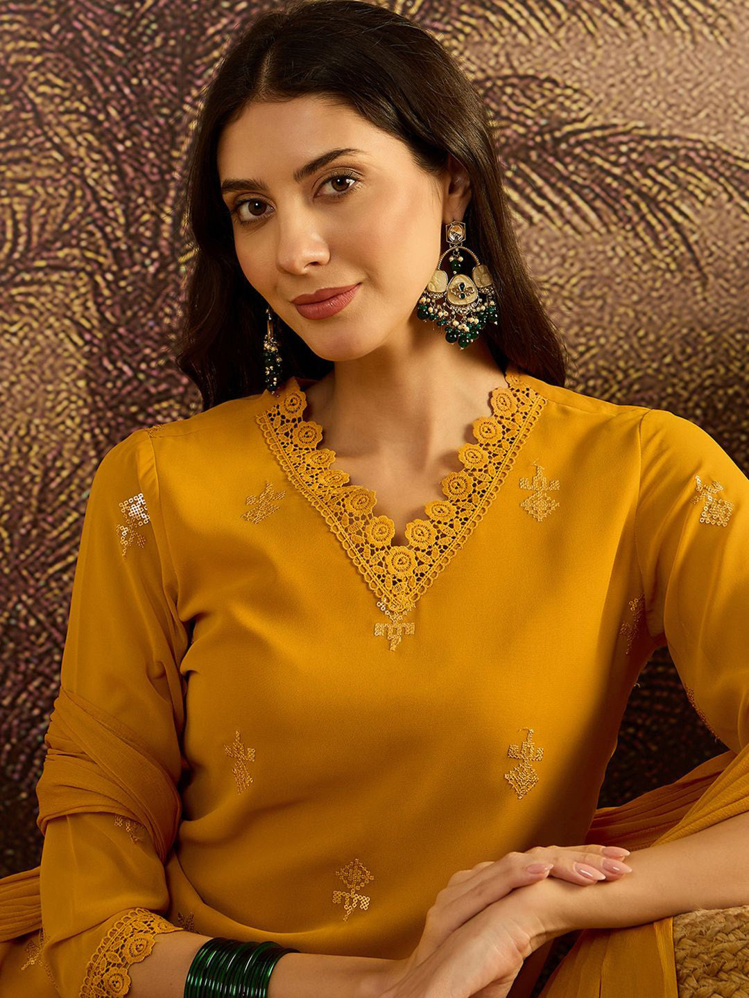 Zari Sequence Embroidered Georgette Straight Kurta With Trousers & Dupatta