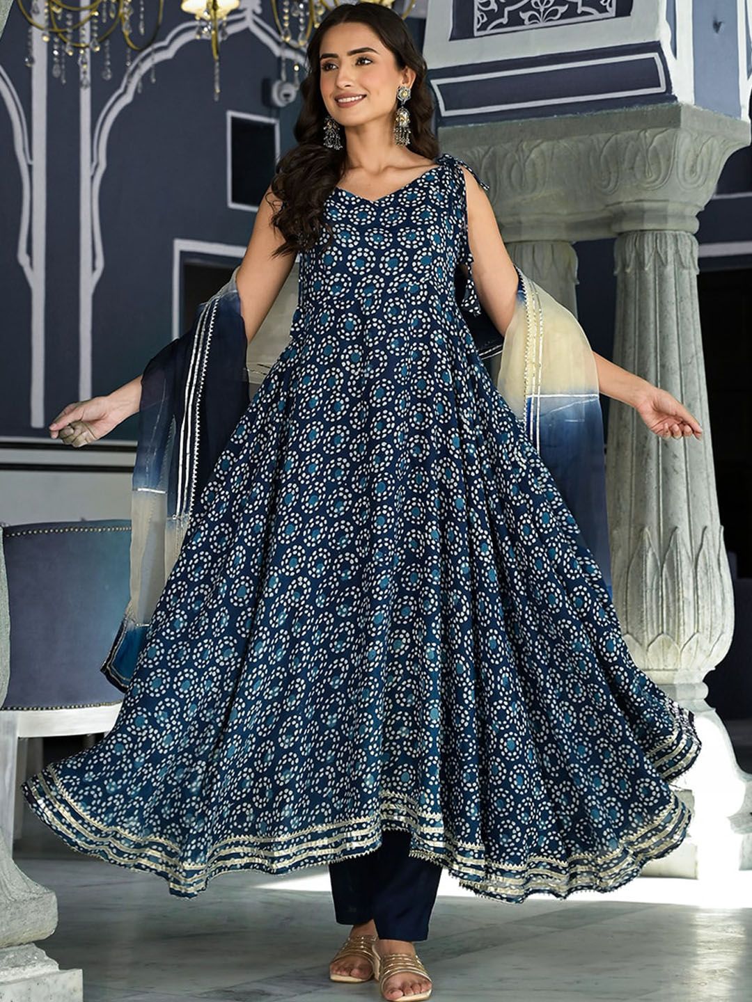 Dhiyona KL Ethnic Motifs Printed Shoulder Straps Anarkali Kurta & Trousers With Dupatta