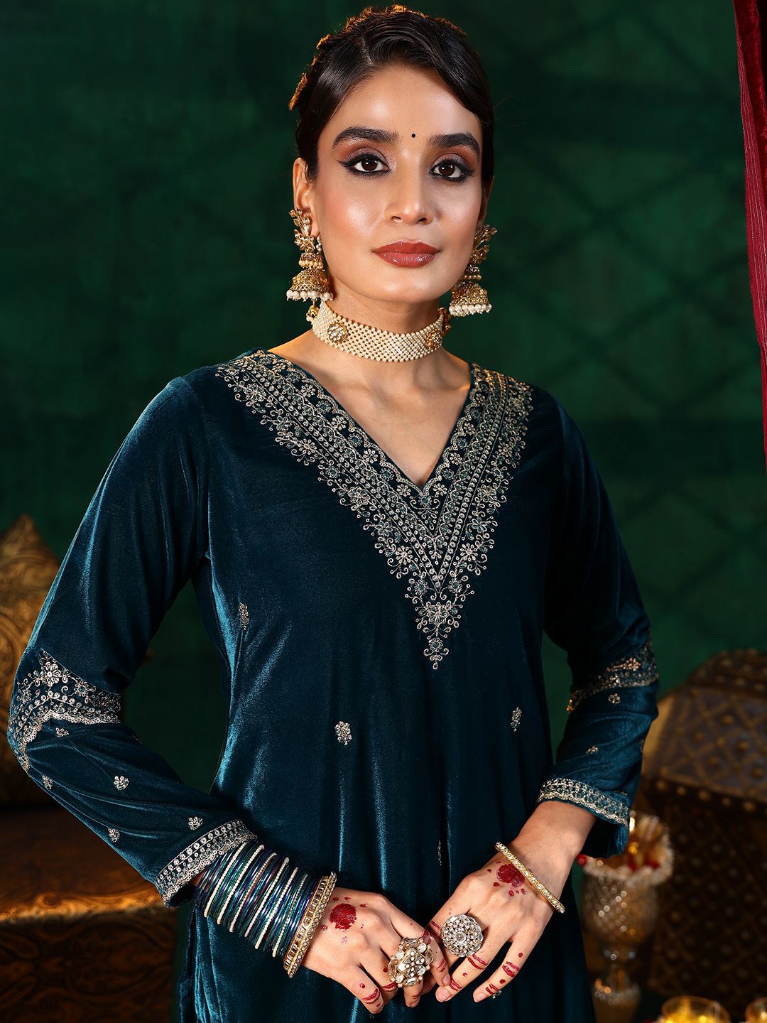 Dhiyona LL Floral Embroidered Zari Velvet Straight Kurta With Palazzos & Dupatta