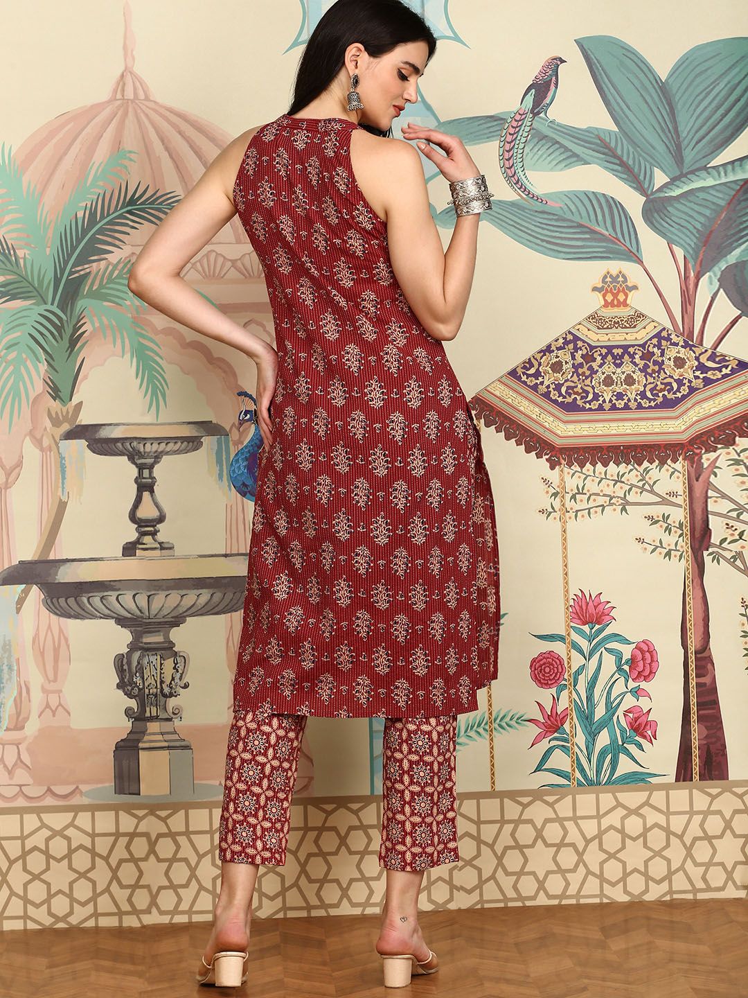 Dhiyona IS Women's Maroon Ethnic Motifs Printed High Slit Chanderi Cotton A-Line Kurta With Trousers