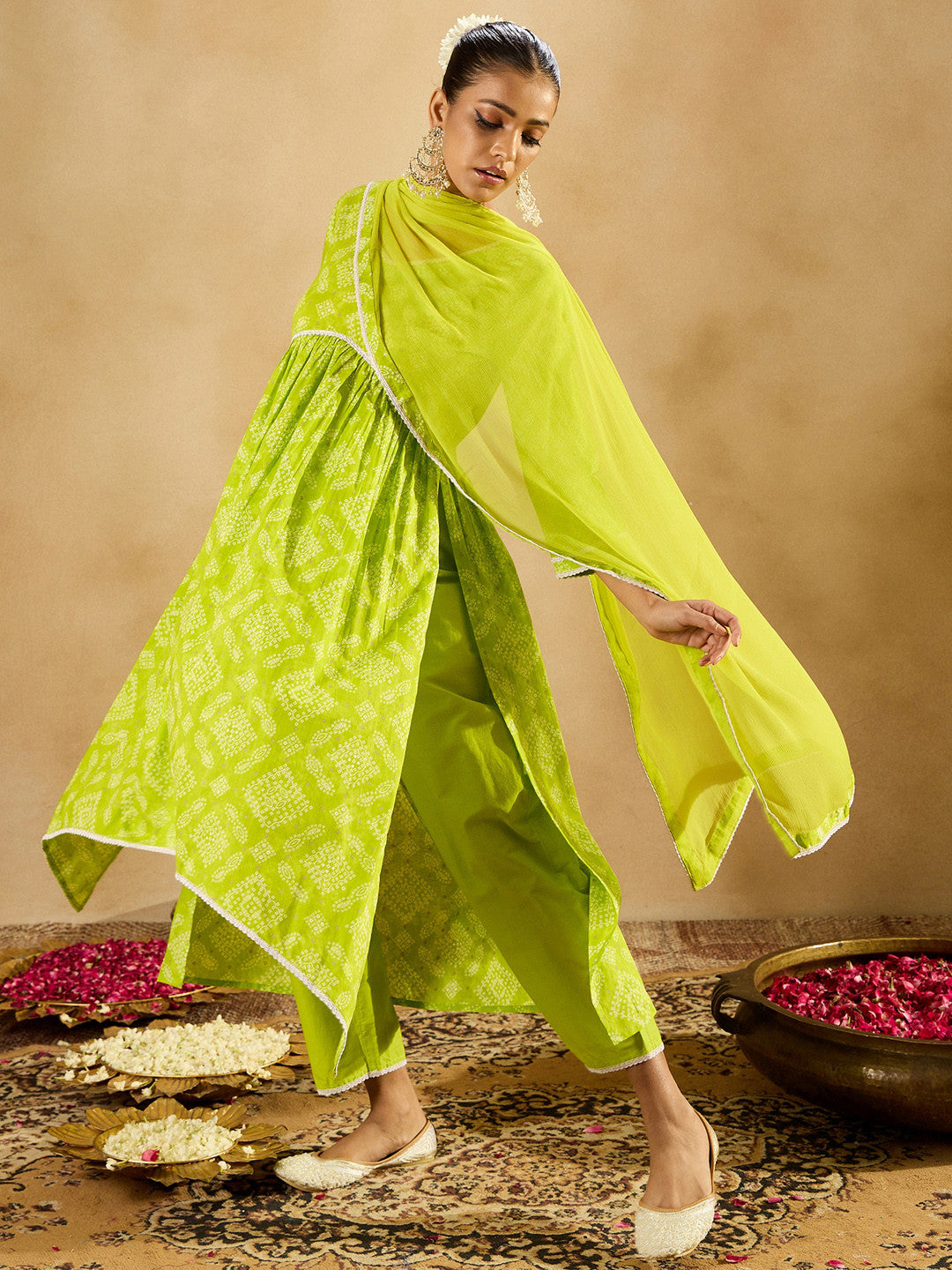 Indo EraBandhani Printed Empire V-Neck Pure Cotton Kurta with Trousers & Dupatta
