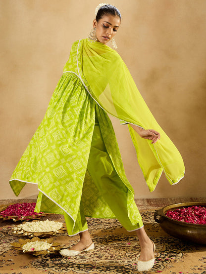Indo EraBandhani Printed Empire V-Neck Pure Cotton Kurta with Trousers & Dupatta
