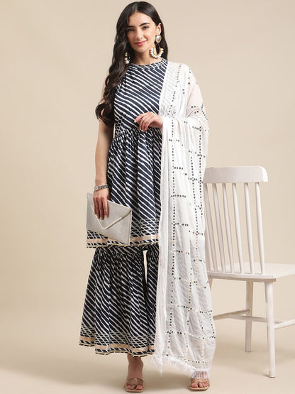 Dhiyona VA Women's Navy Blue Striped Empire Sequinned Kurta with Sharara & With Dupatta