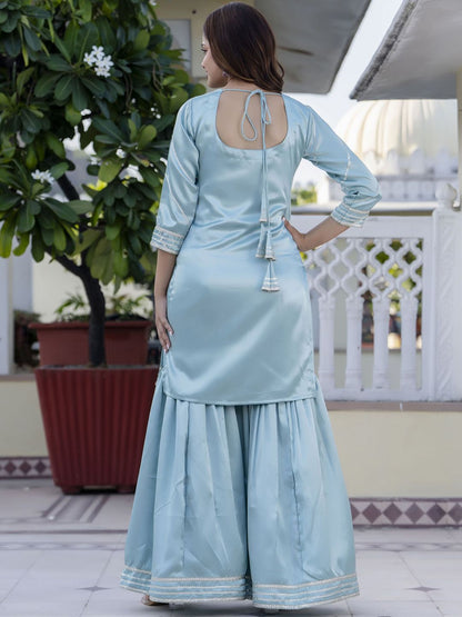 Dhiyona AN Blue Floral Embroidered Round Neck Straight Kurti With Sharara And Dupatta