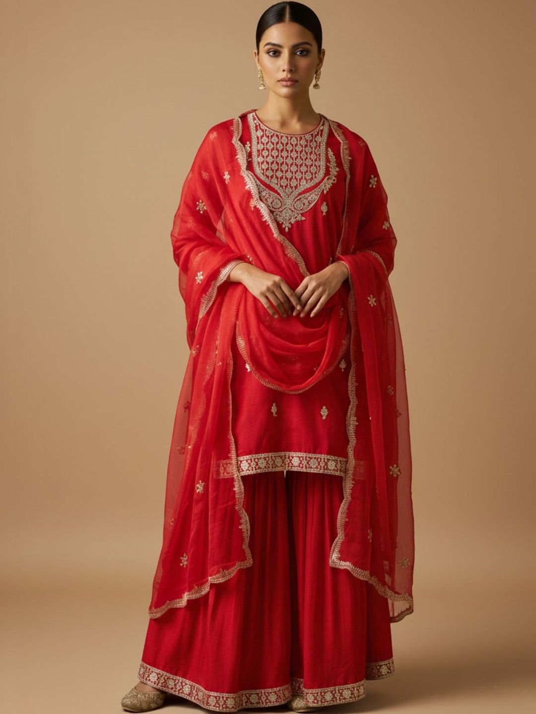 Dhiyona VA Women Ethnic Motifs Embroidered Regular Kurta with Sharara & With Dupatta