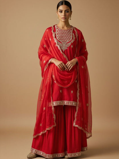 Dhiyona VA Women Ethnic Motifs Embroidered Regular Kurta with Sharara & With Dupatta