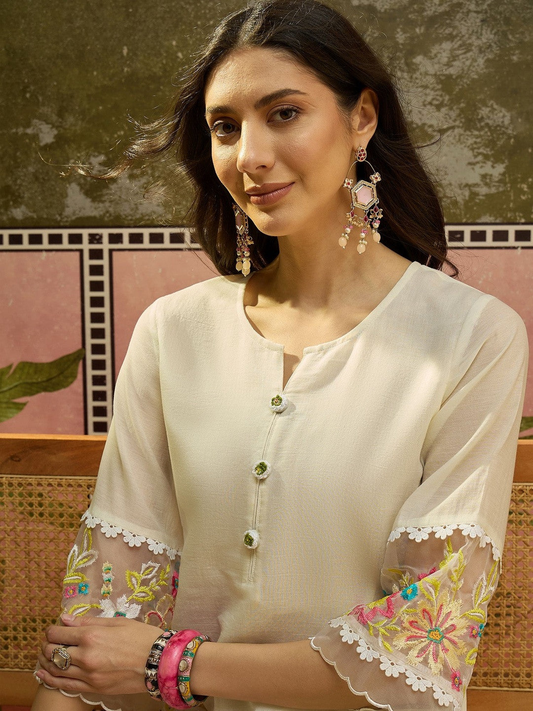 Embroidered Pure Cotton Round Neck Kurti & Trousers
