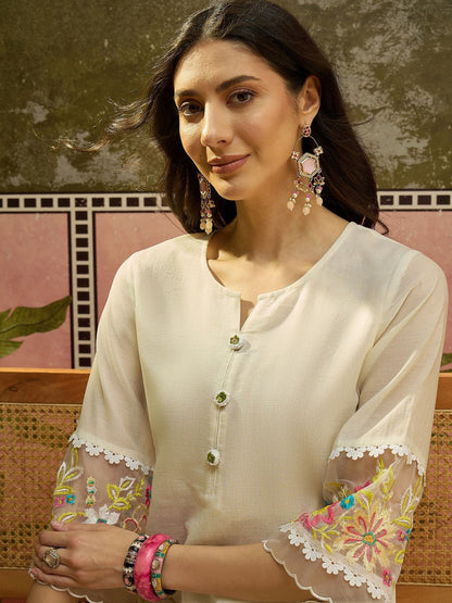 Embroidered Pure Cotton Round Neck Kurti & Trousers
