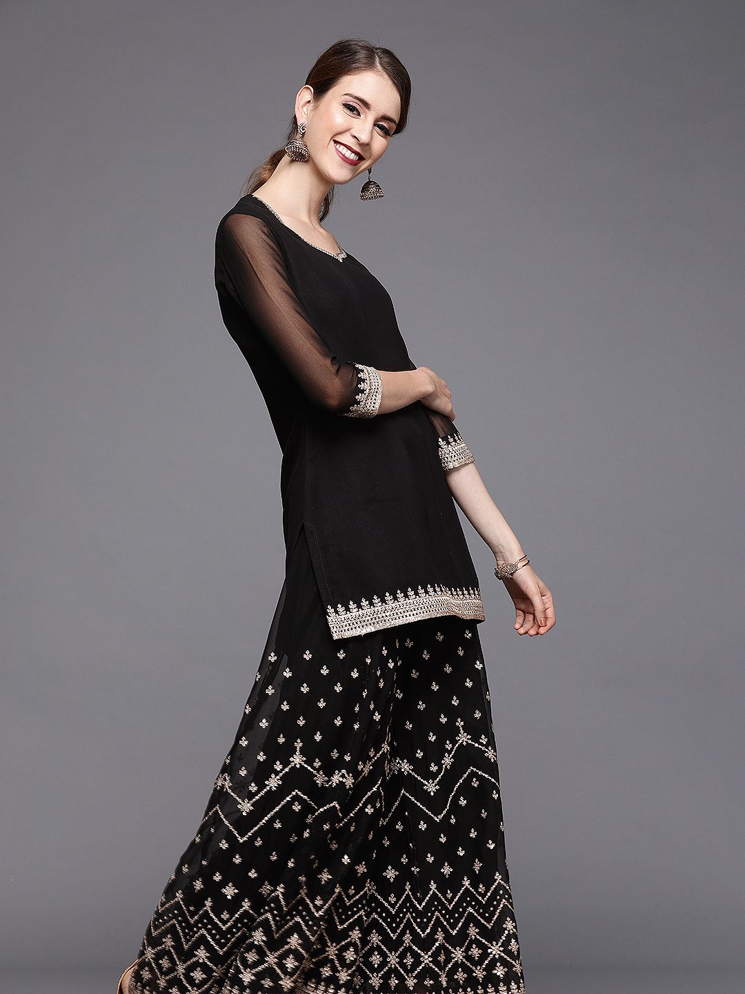 Dhiyona IN Women Black Georgette Kurti with Embroidered Sharara & Dupatta