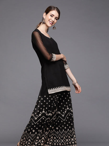 Dhiyona IN Women Black Georgette Kurti with Embroidered Sharara & Dupatta