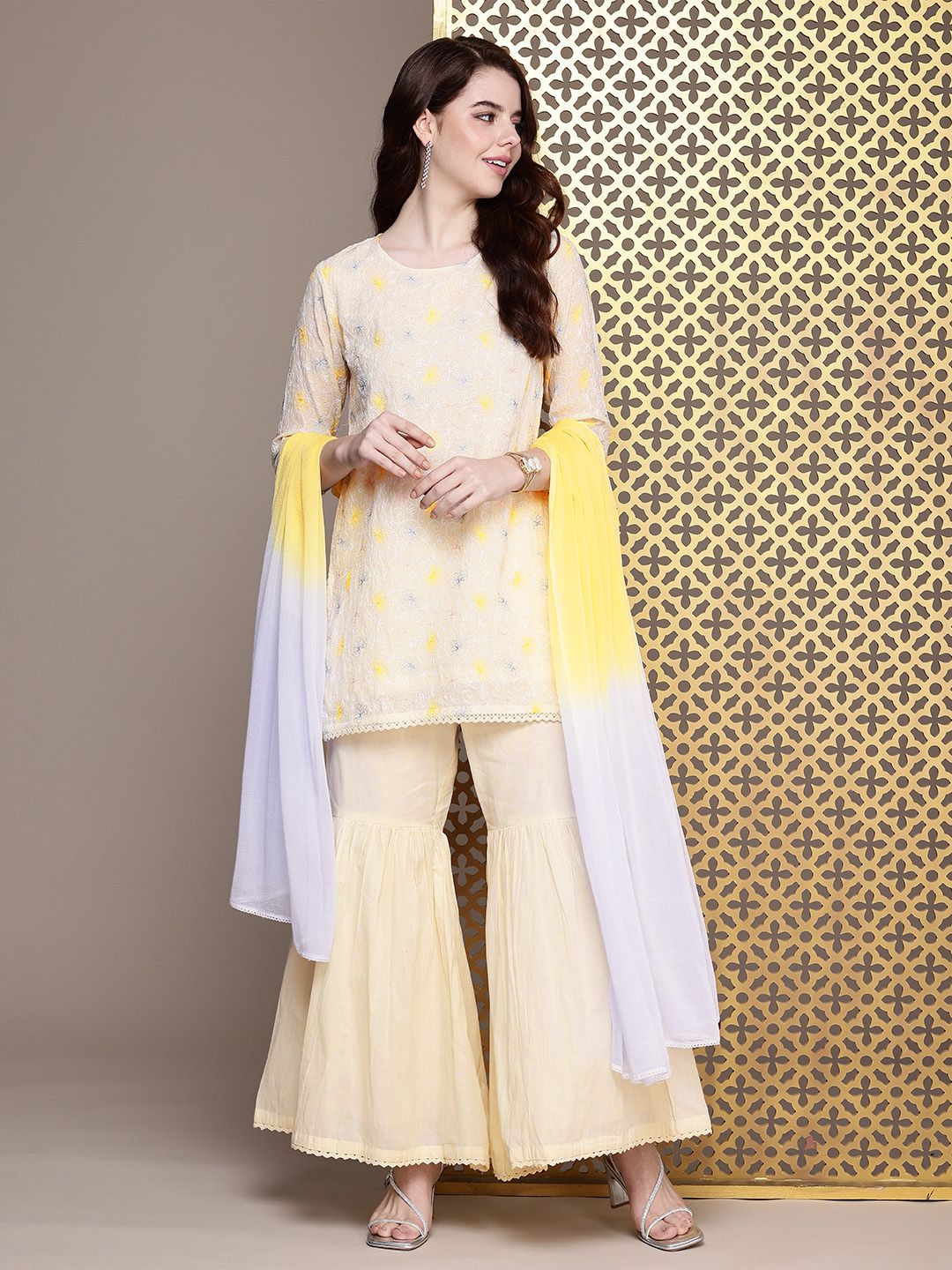 Dhiyona HOP Women Ethnic Motifs Embroidered Jashn Kurti with Sharara & Dupatta