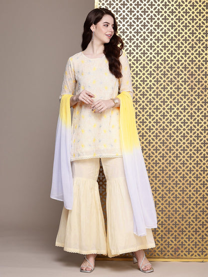Dhiyona HOP Women Ethnic Motifs Embroidered Jashn Kurti with Sharara & Dupatta
