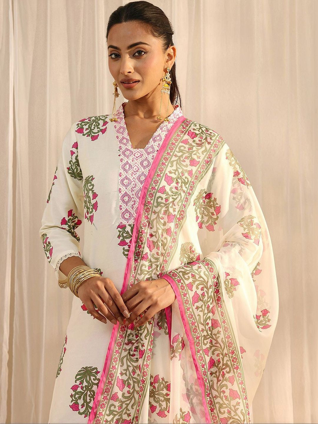 Off White Floral Printed Chanderi Silk Straight Suit Set with Dupatta