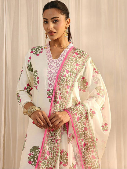 Off White Floral Printed Chanderi Silk Straight Suit Set with Dupatta