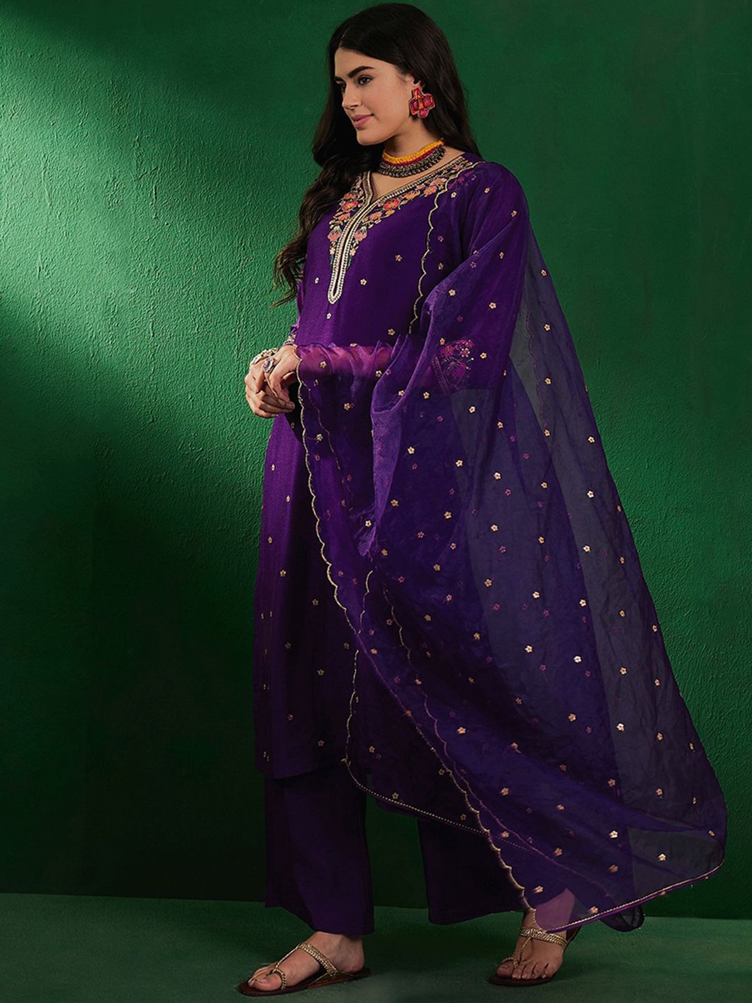 Dhiyona SN Ethnic Embroidered Sequined Zari V-Neck Kurta With Palazzo & Dupatta