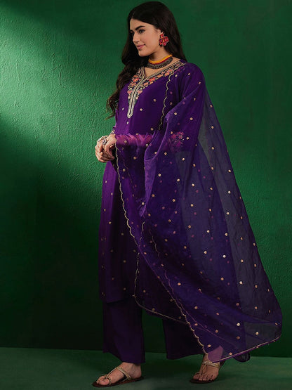 Dhiyona SN Ethnic Embroidered Sequined Zari V-Neck Kurta With Palazzo & Dupatta