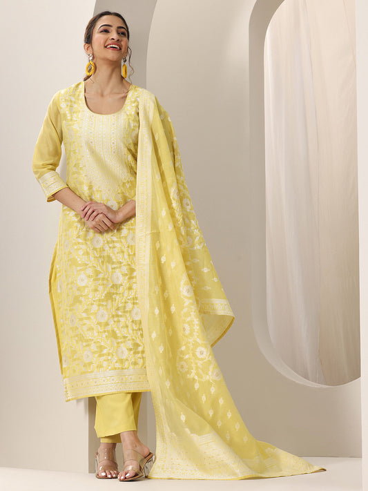 Floral Woven Design Chanderi Silk Kurta with Trousers & Dupatta