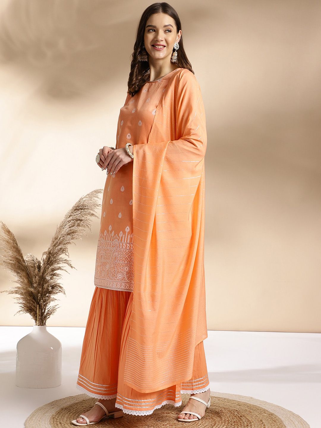 Dhiyona AN Ethnic Motifs Printed Round Neck Thread Work Straight Kurta with Sharara & Dupatta