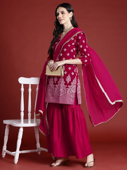 Dhiyona AN Tyohaar Collection Velvet Finish Printed Kurta with Sharara & Dupatta