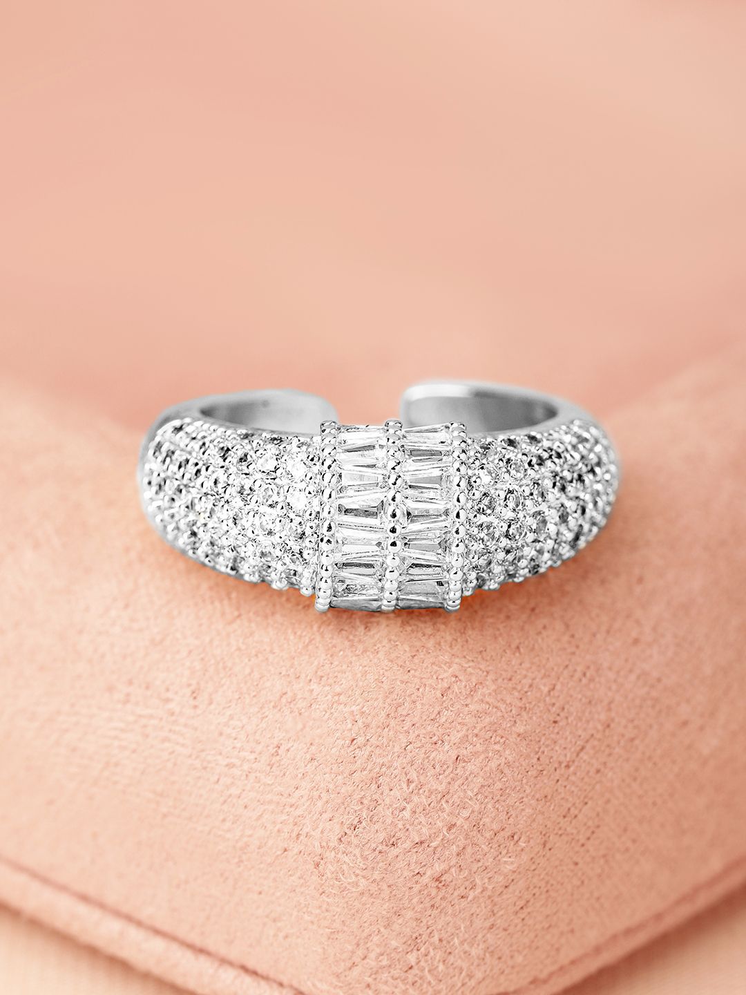 Dhiyona RJ Women's Rhodium Plated Pave & Baguette Cubic Zirconia Studded Adjustable Ring