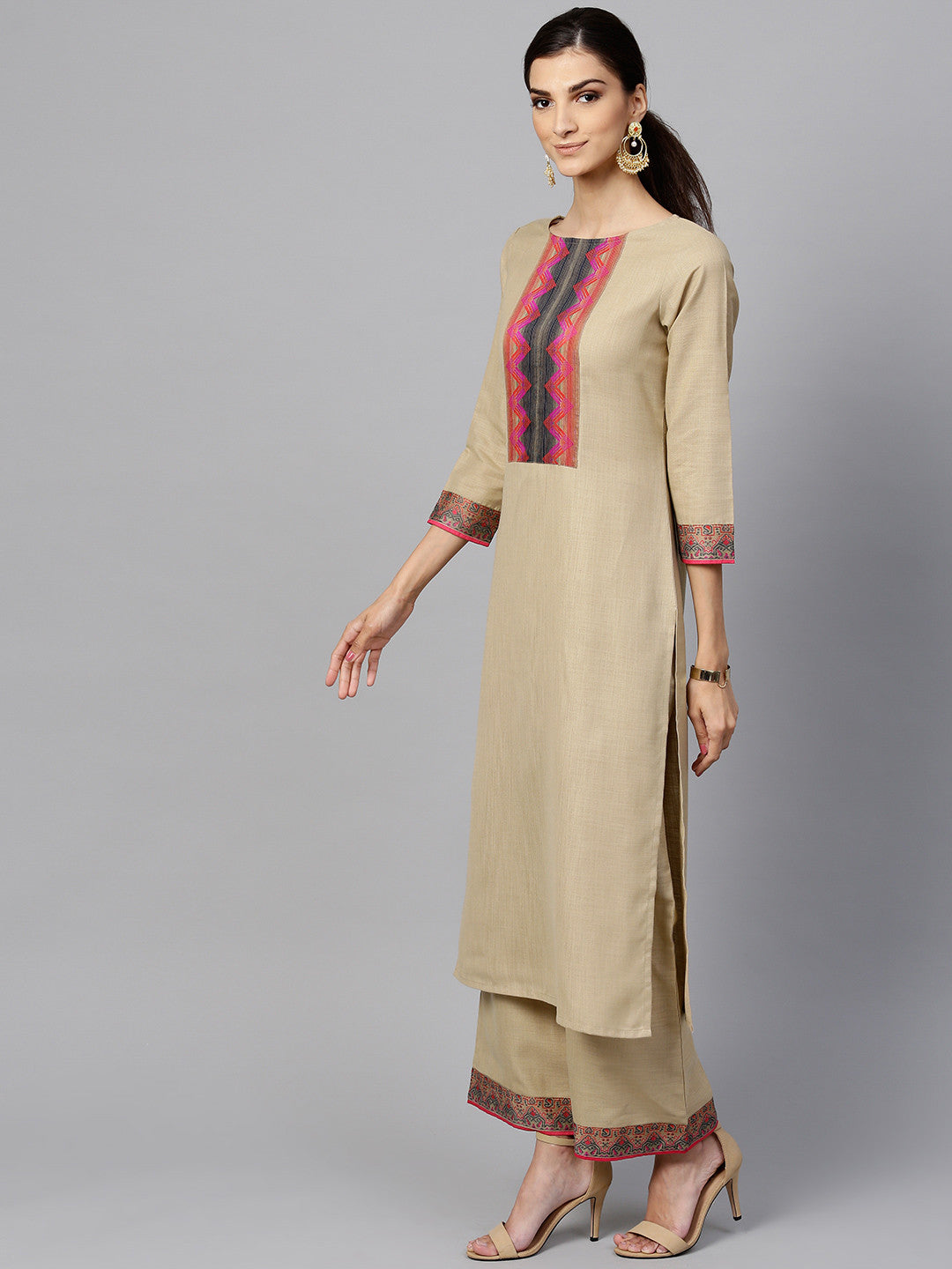 Muted Hazelnut Geometric Yoke Kurta Set