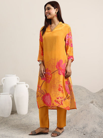 Floral Printed Beads and Stones Work V Neck Straight Kurta With Trousers And Dupatta