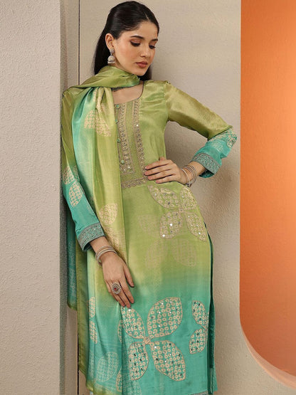 Women Ombre Dyed Regular Mirror Work Silk Crepe Kurta with Trousers & With Dupatta