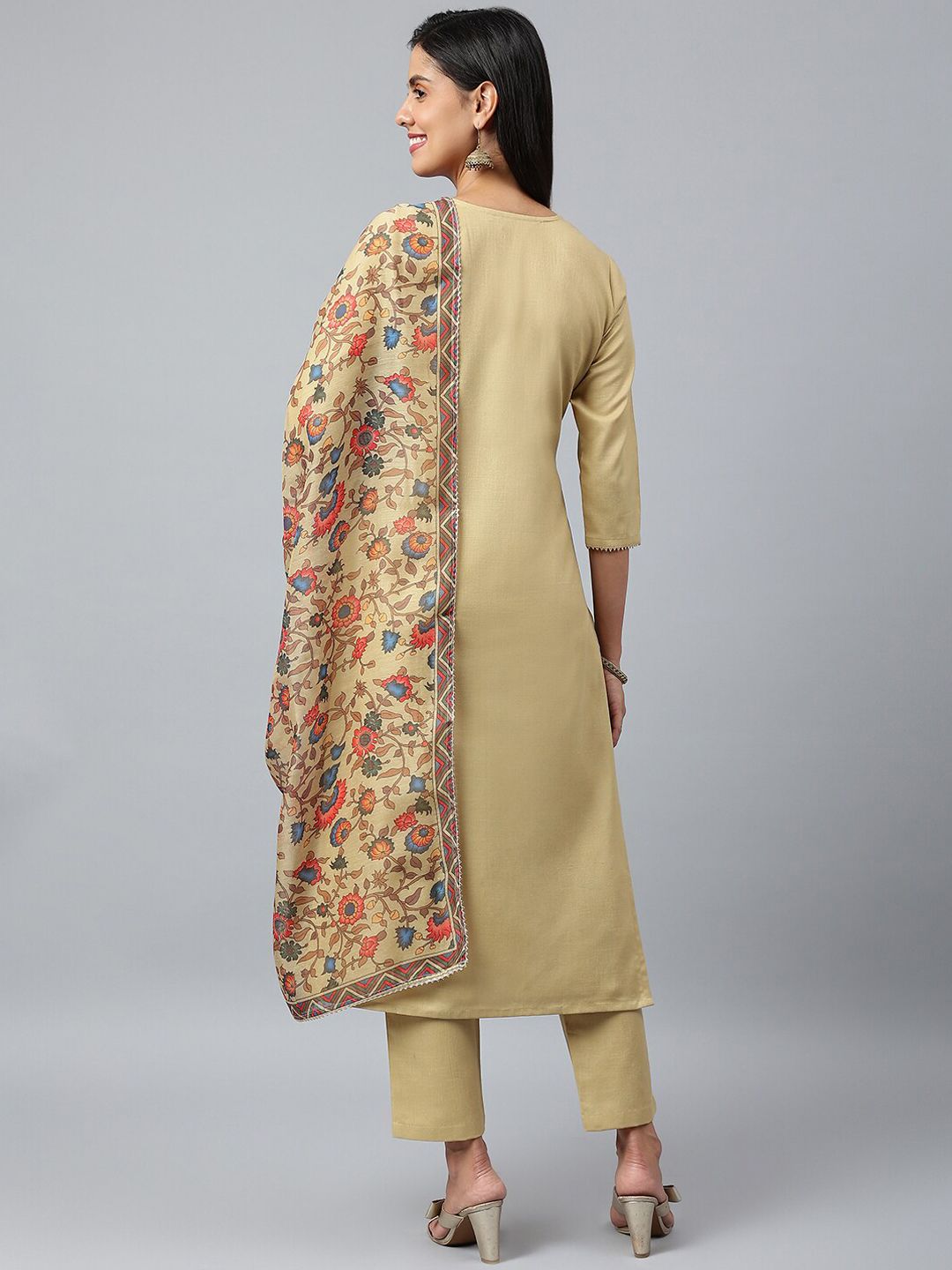 Dhiyona KL Women Beige Embroidered Kurta with Trousers & With Dupatta