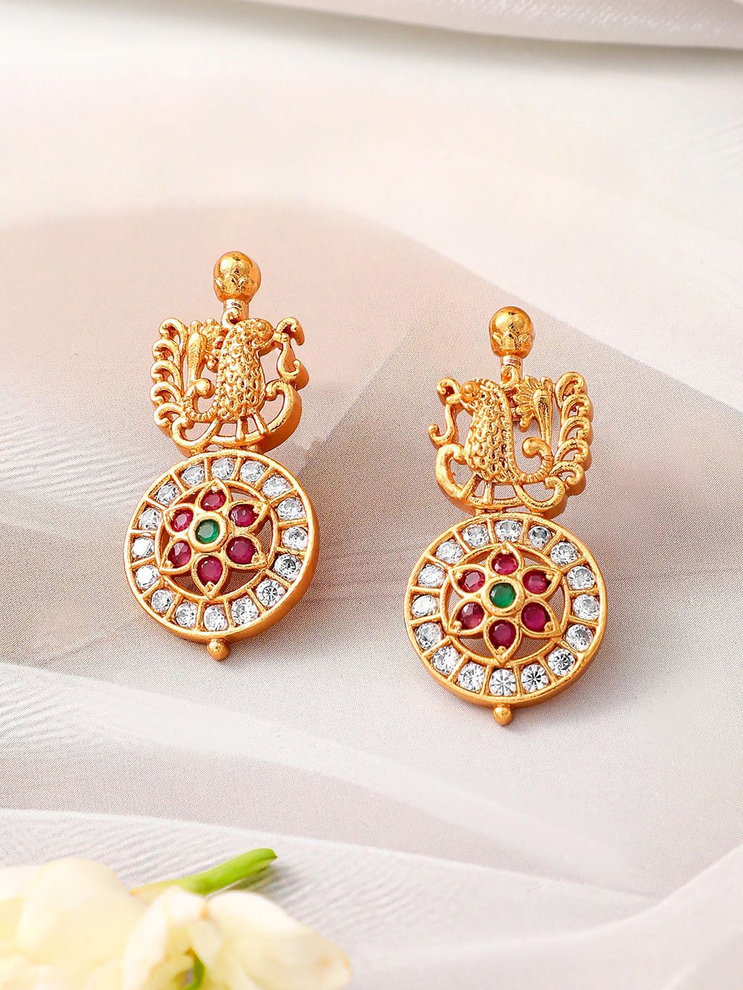 Dhiyona RJ Women's 22K Gold-Plated Traditional Temple NecklaceSet with Ruby,Emerald & Zicronia Accents