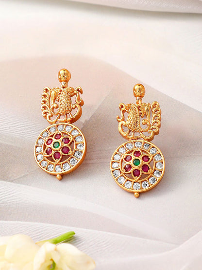 Dhiyona RJ Women's 22K Gold-Plated Traditional Temple NecklaceSet with Ruby,Emerald & Zicronia Accents