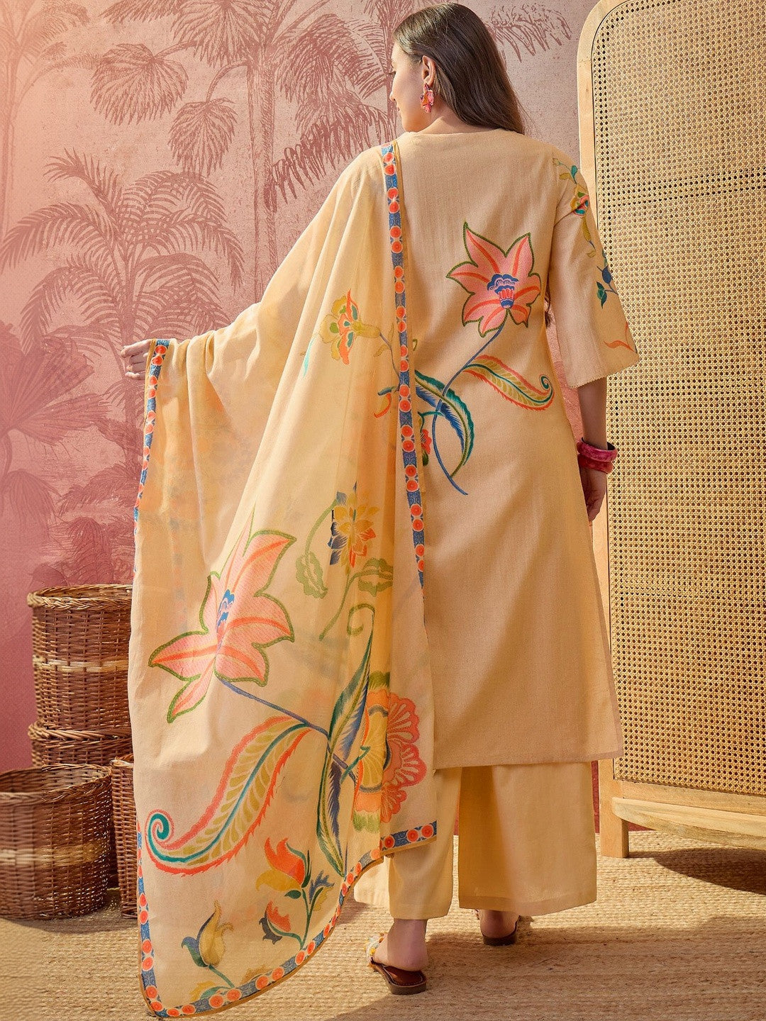 Printed Pure Cotton Keyhole Neck Kurta & Trousers With Dupatta