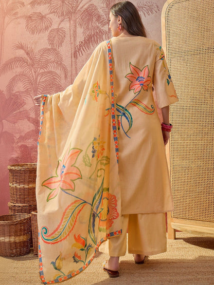 Printed Pure Cotton Keyhole Neck Kurta & Trousers With Dupatta