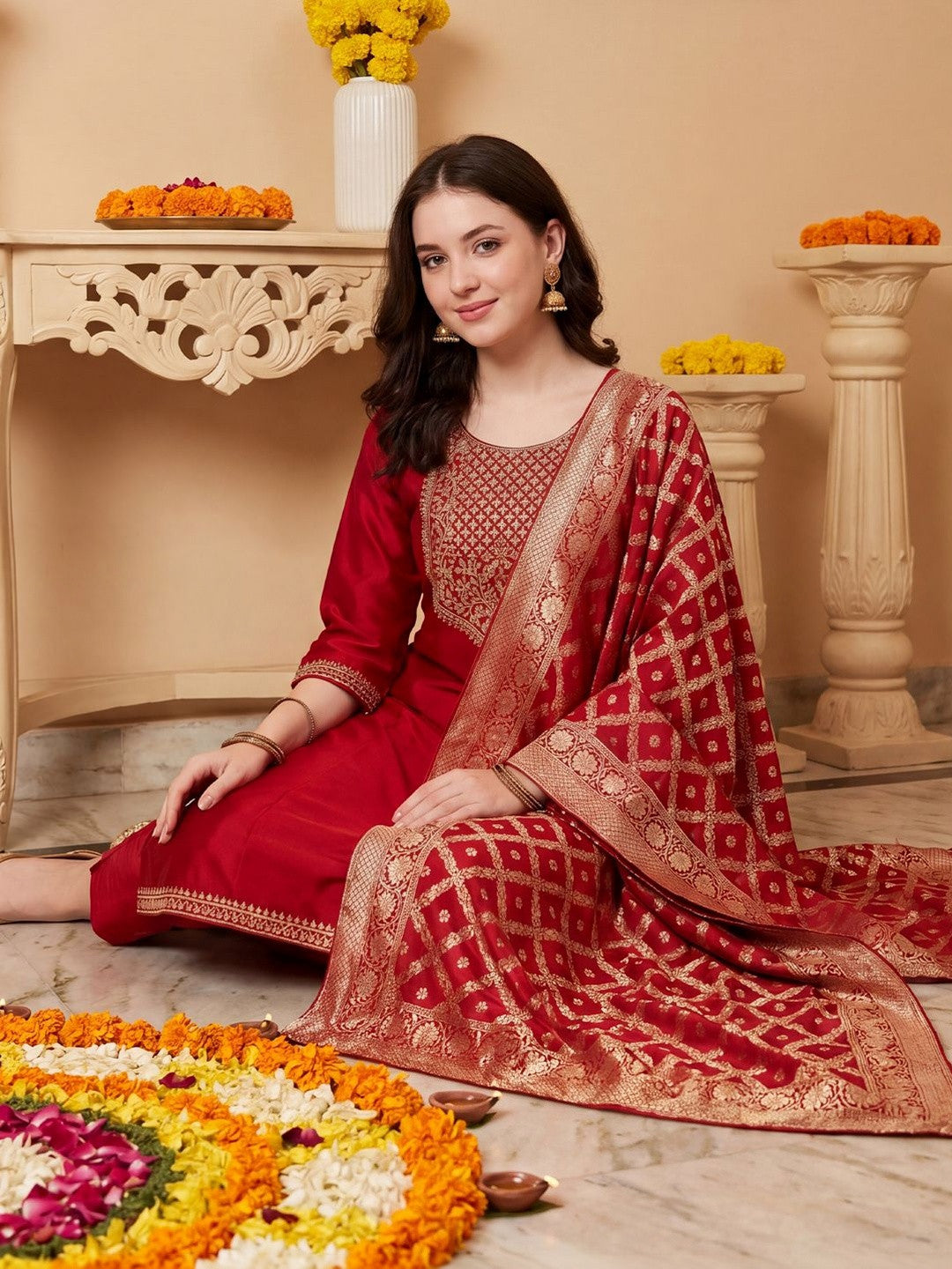 Women Ethnic Motifs Embroidered Regular Thread Work Kurta with Trousers & With Dupatta