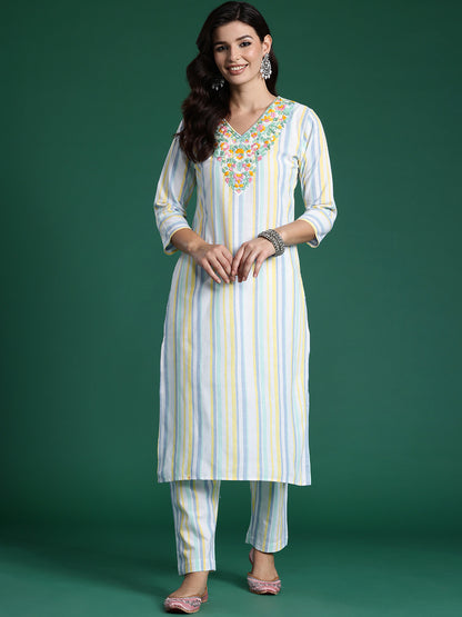 Striped Thread Work Pure Cotton Kurta with Trousers
