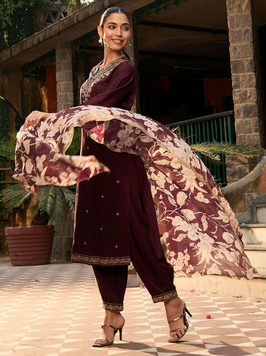 V Neck Ethnic Motifs Embroidered Regular Thread Work Kurta with Salwar & Dupatta