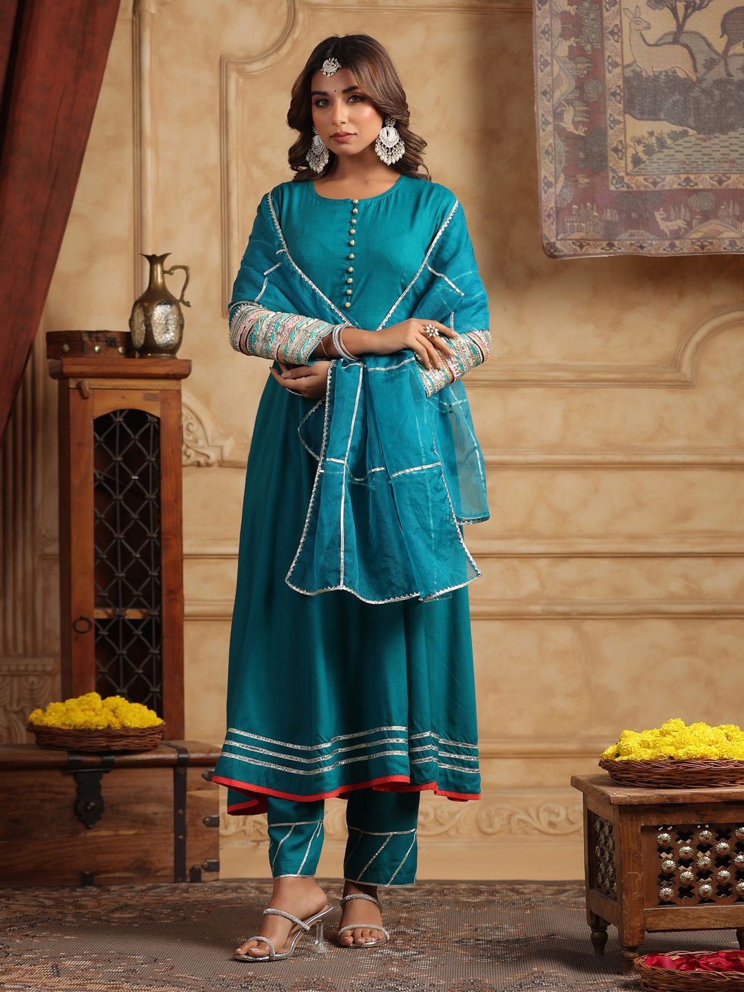 Dhiyona RR Women's Regular Gotta Patti Kurta with Trousers & Dupatta