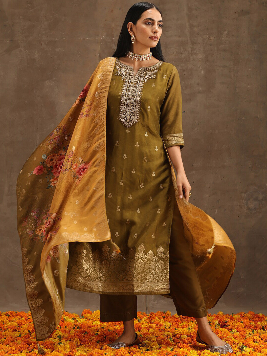 Olive Floral Embroidered Pure Silk Kurta With Trousers & Dupatta