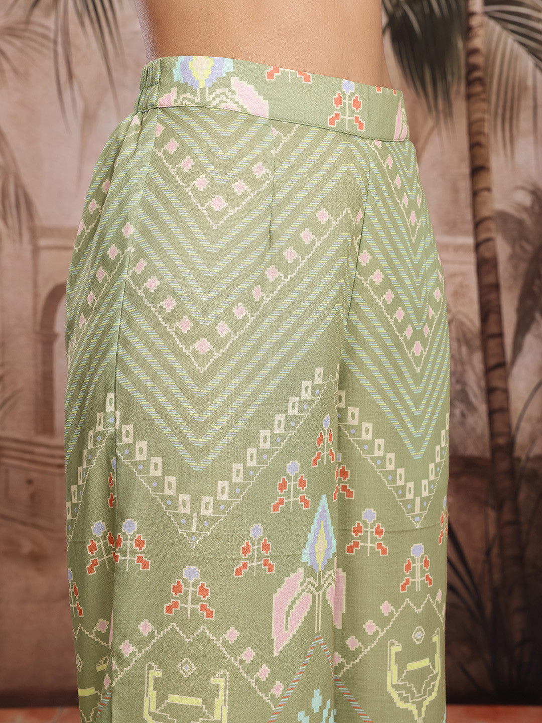 Ikat Print Lapel Collar Belted Detail Front-Open A-Line Kurti with Palazzos