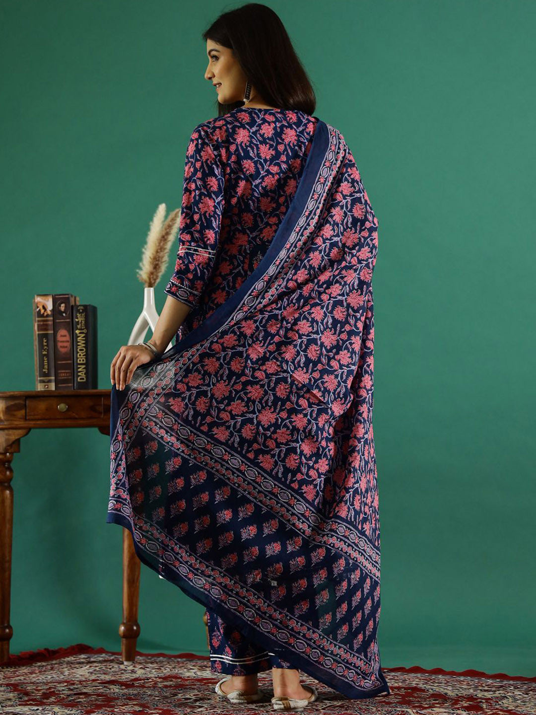 Floral Printed V-Neck Gotta Patti Pure Cotton A-Line Kurta With Trouser & Dupatta