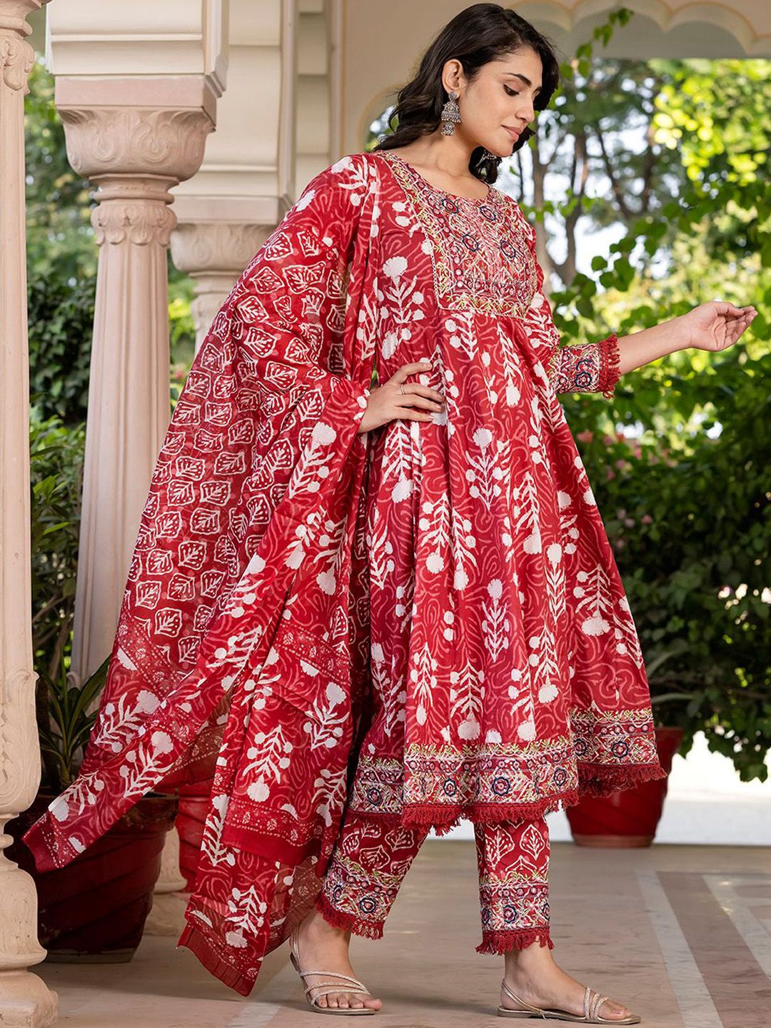 Dhiyona KL Floral Printed Mirror Work Pure Cotton Anarkali Kurta With Trouser & Dupatta