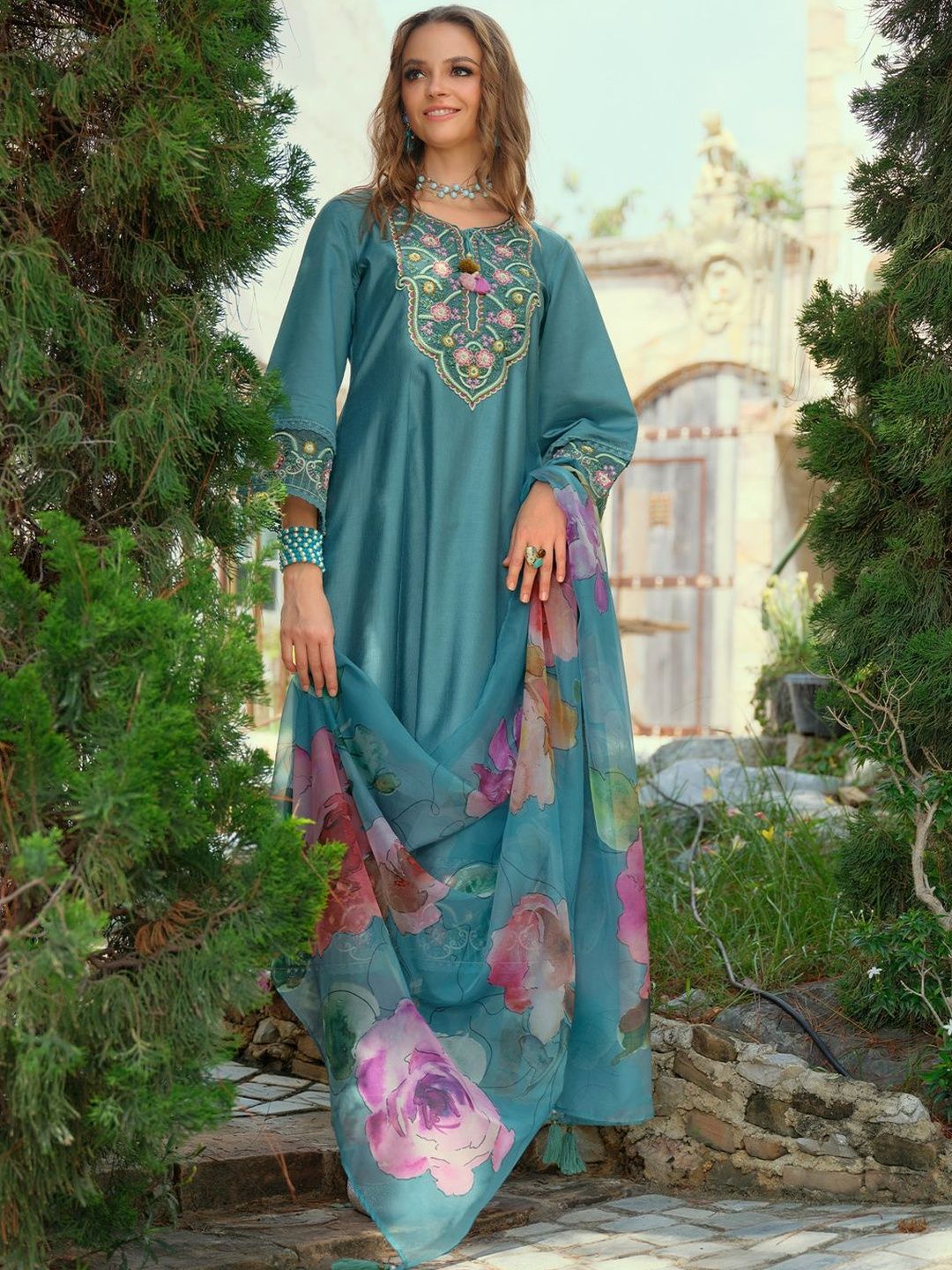 Women Ethnic Motifs Embroidered A-Line Kurta with Trousers & Dupatta