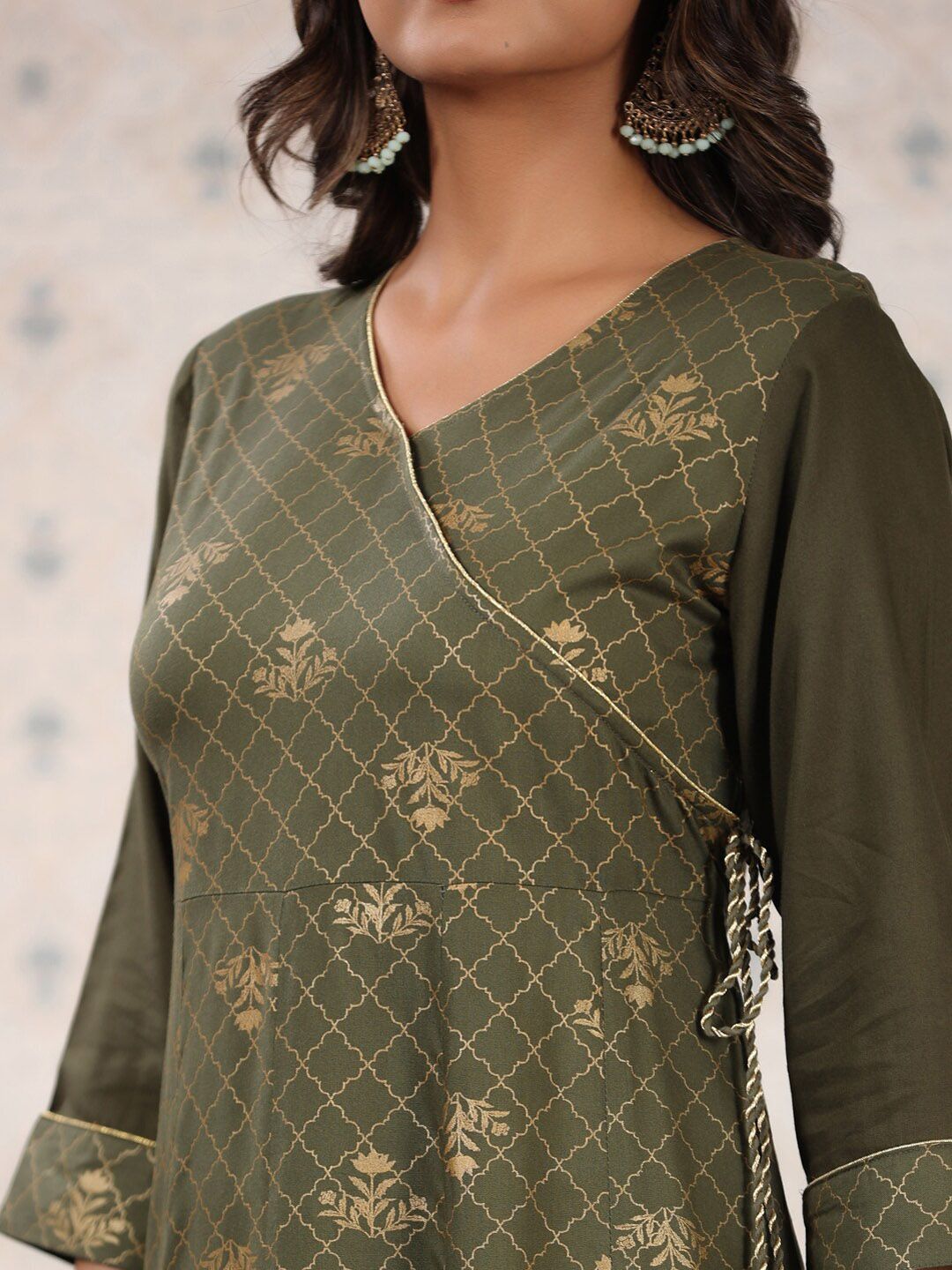 Dhiyona OD  Olive Green & Gold Printed V Neck Angrakha Kurta With Palazzos