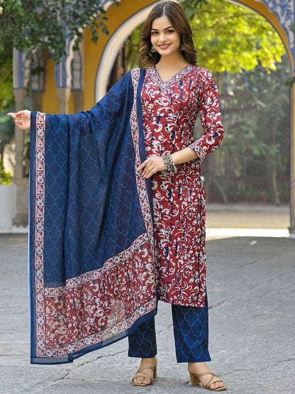 Dhiyona KL Women Ethnic Motifs Printed Regular Kurta with Trousers & With Dupatta