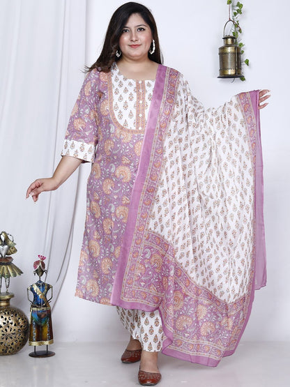 Dhiyona KL Plus Size Floral Printed Pure Cotton Kurta with Trousers & Dupatta