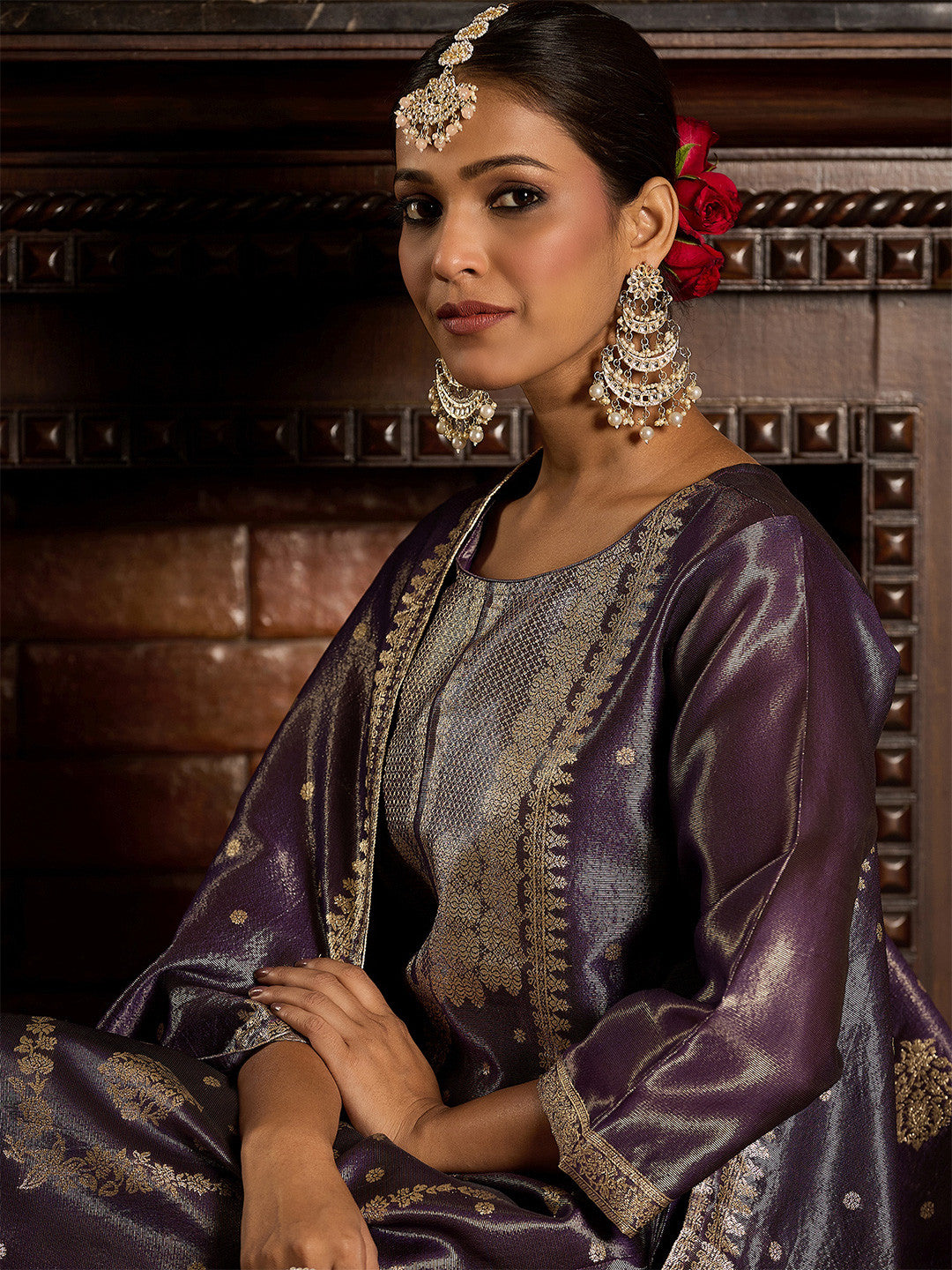 Women Ethnic Motifs Jacquard Zari Kurta with Trousers & With Dupatta