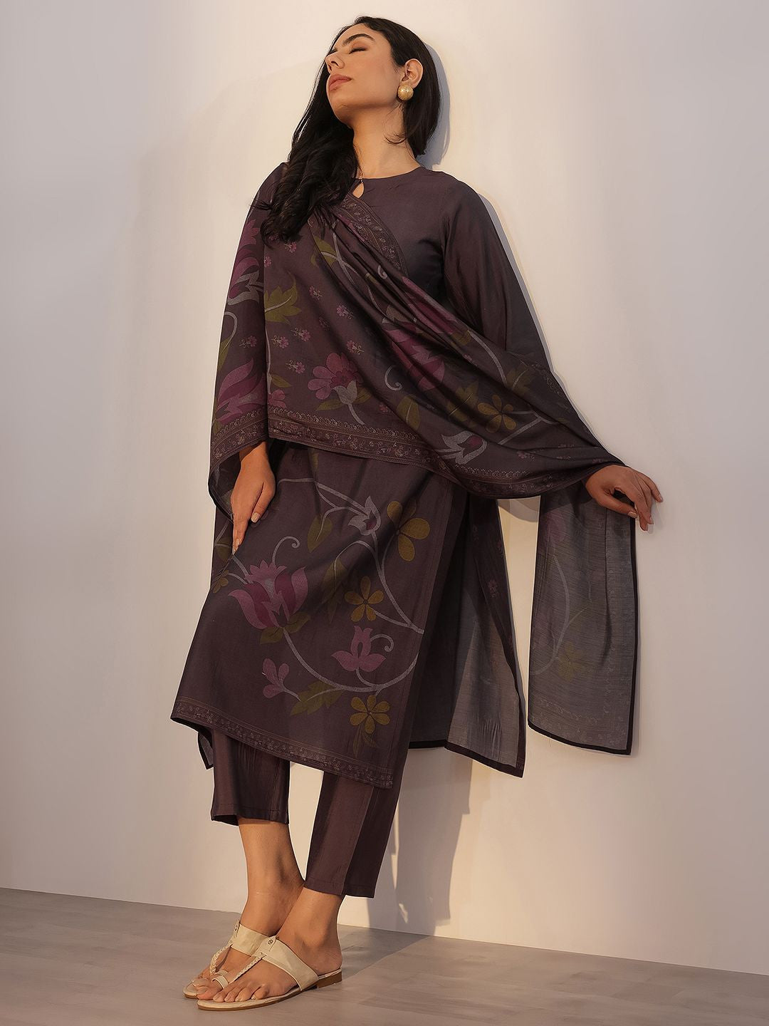 Floral Printed Straight Kurta with Trousers & Dupatta